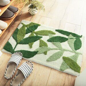 NEW - Green Leaves Bath Mat | Non-Slip Microfiber Bathroom Rug | Boho Tropical